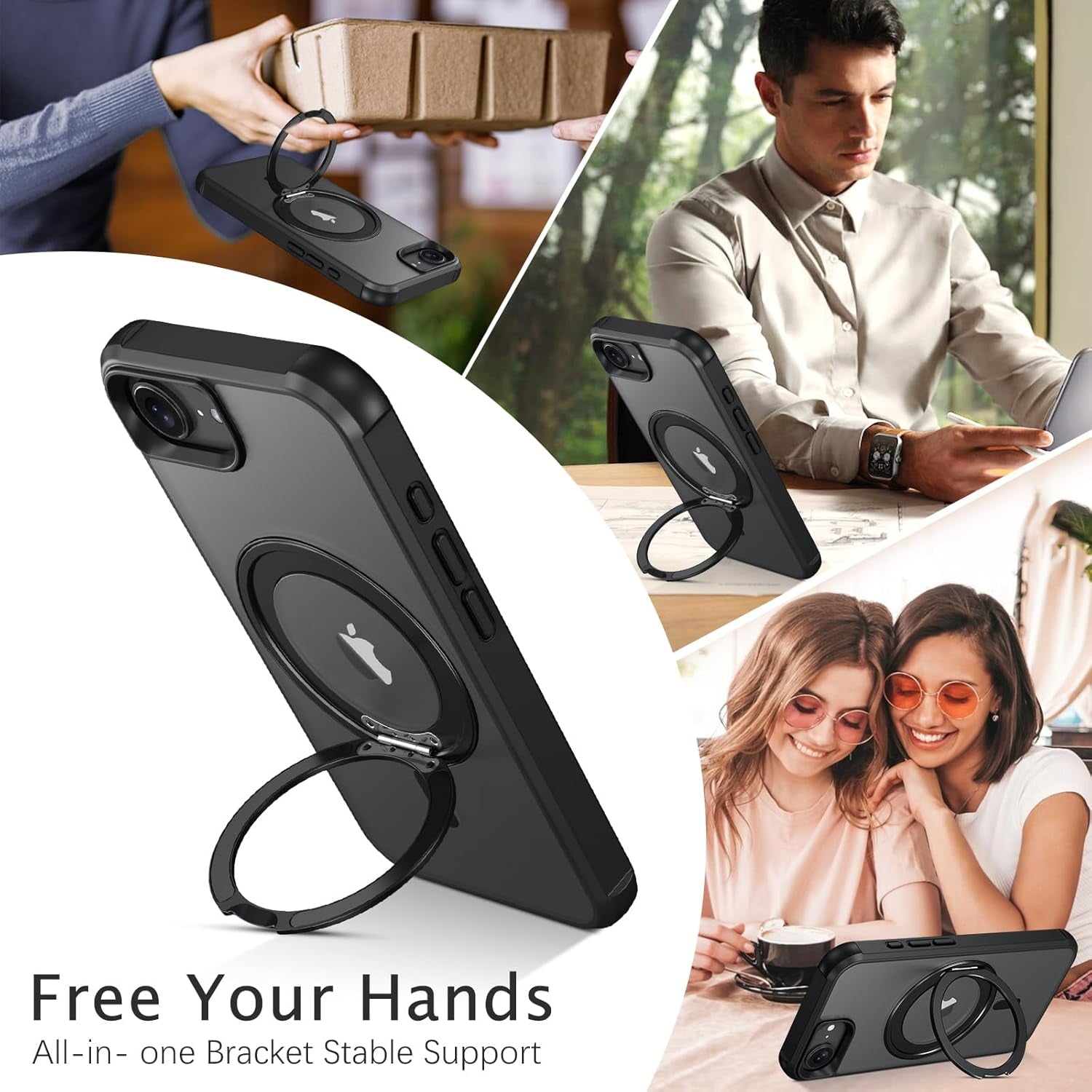 for Iphone 16E Case, Iphone 16E Magnetic Phone Case with Magsafe Rotatable Invisible Kickstand Ring Holder Design Shockproof Women Men Girl Boy Protective Cover for Iphone 16E 6.1", Black