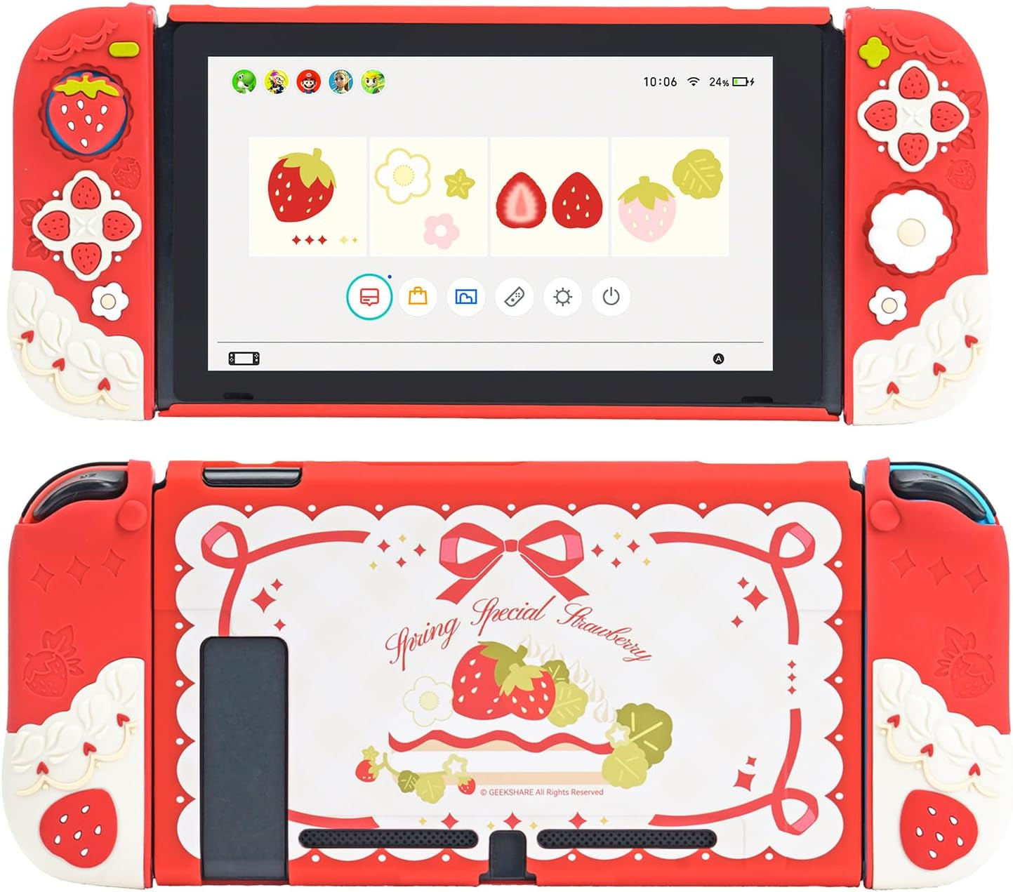 Protective Case for Switch Slim Cover Case Compatible with Switch Separable Soft Silicone Protective Shell for Joy Con with 2 Thumb Grip Caps- Strawberries with Cream