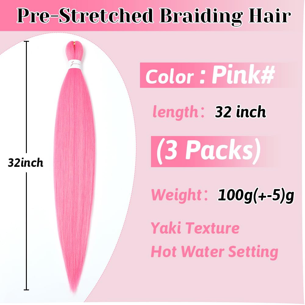 32 Inch Pink Braiding Hair Extensions Pre Stretched Braiding Yaki Braids Hair Hot Water Setting Synthetic Hair Colored Braiding Hair Pre Stretched Crochet Hair(32Inch,3 Packs,Pink#)