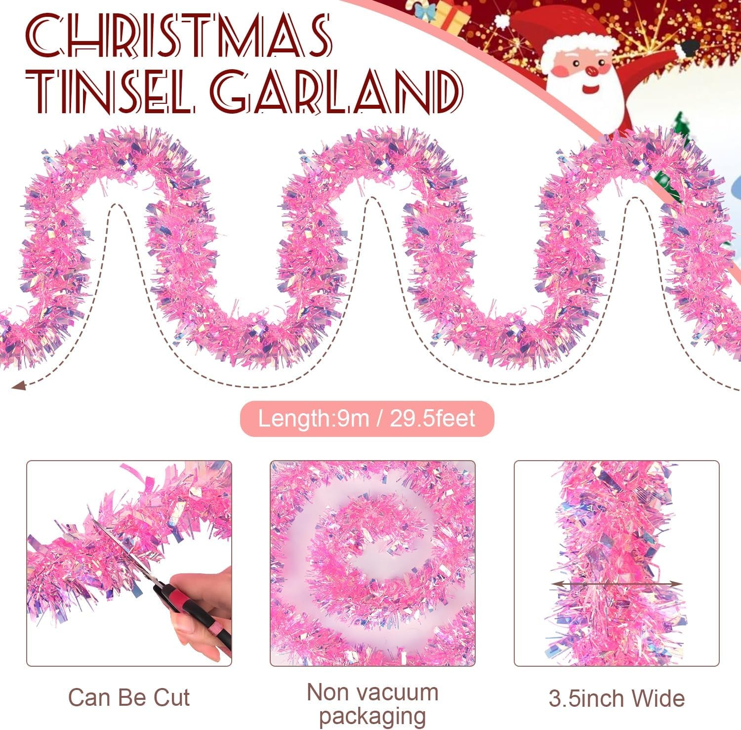 32.8 Ft Pink Christmas Tinsel Garland, Glitter Twist Tinsel for Xmas Tree Party Fireplace Wedding Supplies Decoration