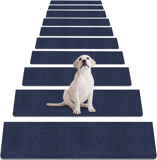 8" X 30" (15 in Pack) Non-Slip Stair Treads Carpet for Wooden Steps, Self-Adhesive Stair Treads Mat, Safety Indoor Stair Runner Mats, anti Slip Stair Rugs for Kids Elders and Dogs，Navyblue