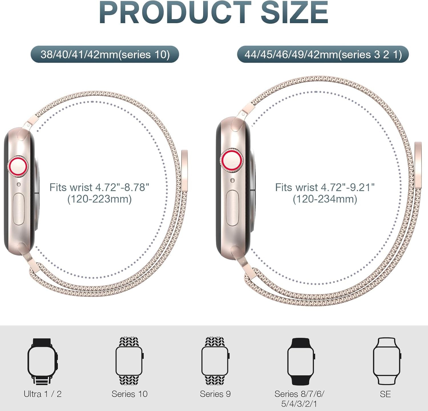 2 Pack Stainless Steel Mesh Loop Compatible with Apple Watch Band 38Mm 40Mm 41Mm 42Mm Series 10 Women Men, Magnetic Clasp Replacement Strap for Iwatch - Rose Gold+Silver