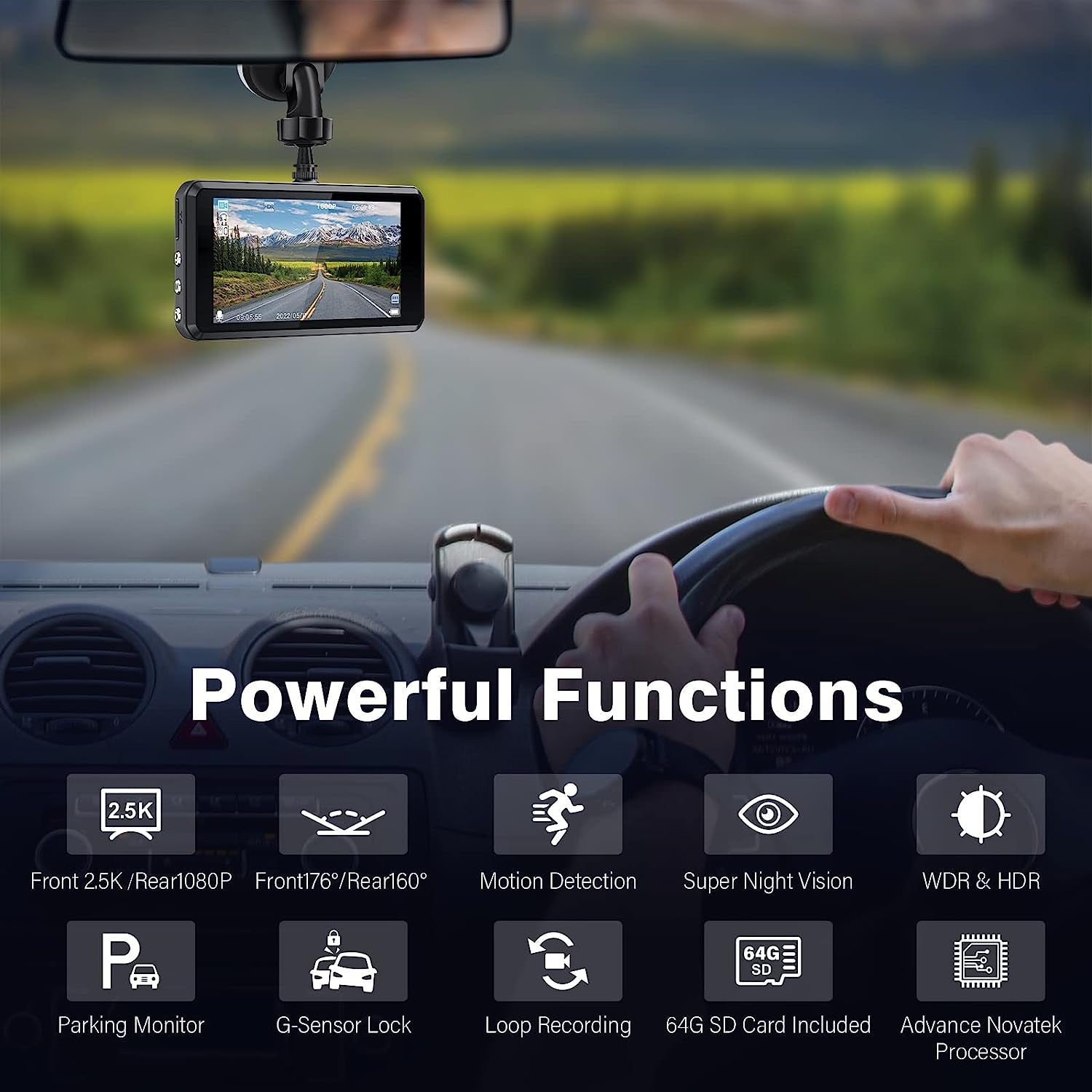 S7 2.5K Dash Cam Front and Rear,64G SD Card,1600P+1080P FHD Dual Dash Camera for Cars,176°+160° Wide Angle,3.2'' IPS Screen Dashcam,G-Sensor,Loop Recording,Wdr,Night Vision,24H Parking Monitor