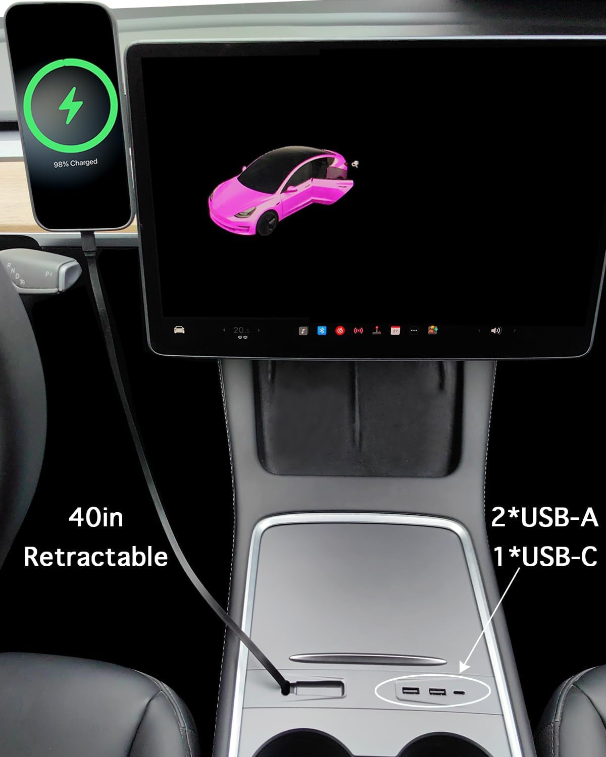 Retractable Hub Docking Station for Tesla Model Y (2021-2024) Tesla Model 3 (2021-2023), Multi-Port Phone Fast Charger for Model Y/3, Center Console USB Hub for Tesla Model 3 Model Y Accessories