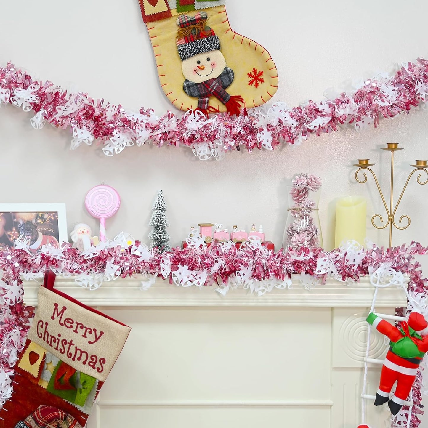 Mega-L Christmas Tinsel Garland Decorations, 26.25Ft Pink and White Jingling Bell Glittery Hanging Pink Xmas Decor for Holiday New Year Birthday Party Supplies Home Tree Mantel Women Indoor Outdoor