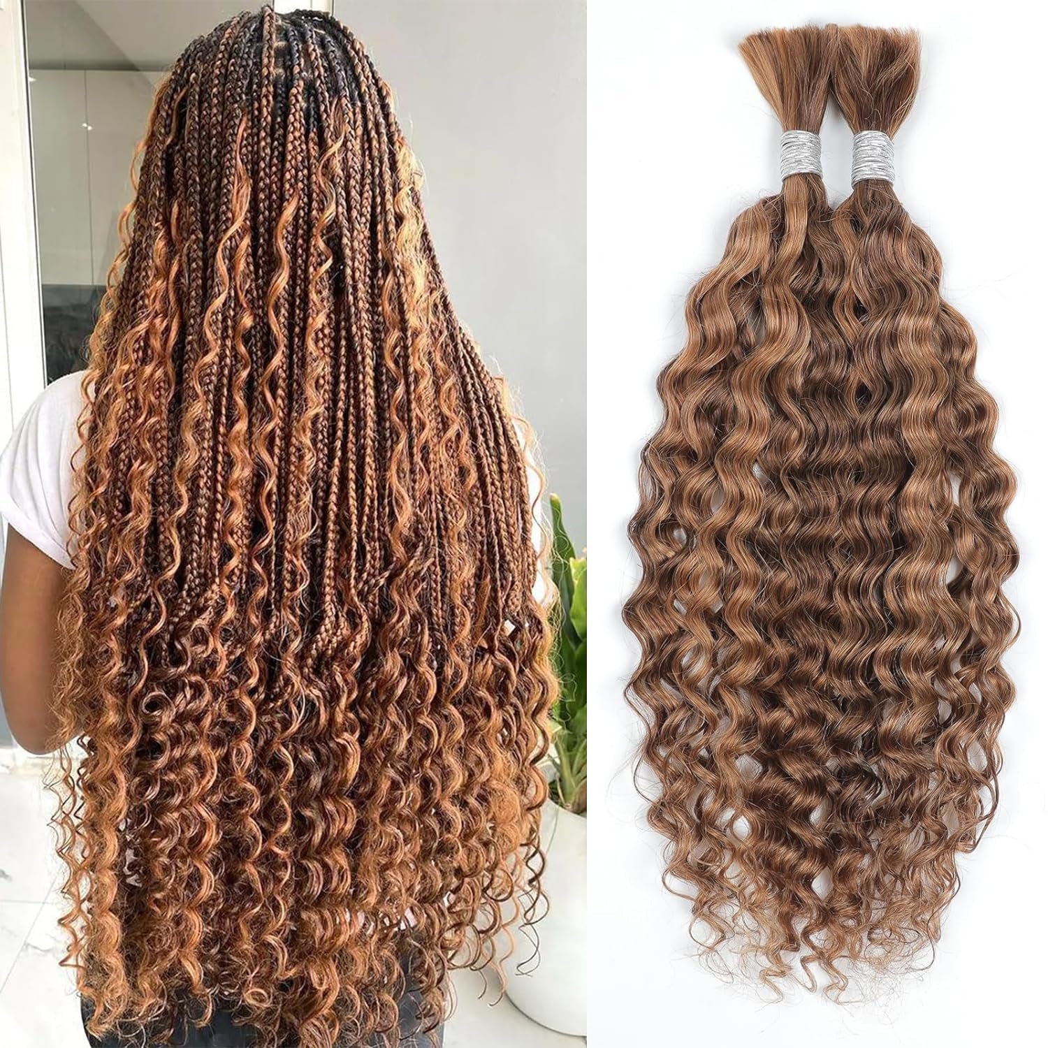 Human Braiding Hair 14Inch Water Wave Bulk Human Hair for Braiding 100G 2Bundle/Pack No Weft Human Hair Bundles for Braiding Micro Human Braiding Hair for Boho Braids(14Inch,4/30#)