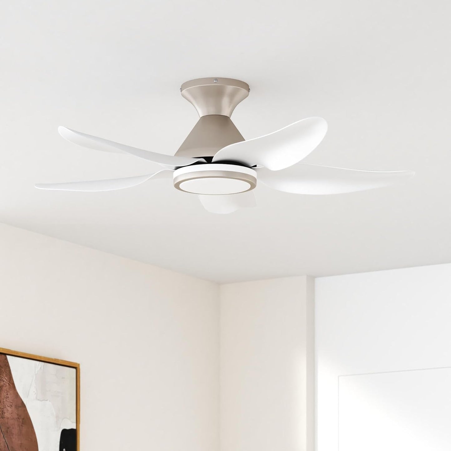 Ceiling Fans with Lights Remote/App Control, 38" Low Profile Ceiling Fans with Dimmable White Colors+Rgb Ring Lights, 6 Speeds 5 Reversible Blades for Kids Room Bedroom Living Room, Nickel