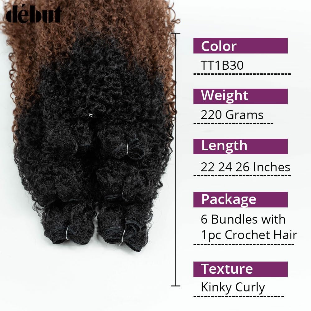 Synthetic Hair 7Pcs Kinky Curly 22 24 26 Inches 6 Bundles Tight Curly Hair with 1Pc Crochet Hair for Black Women Ombre 1B Auburn Brown Color