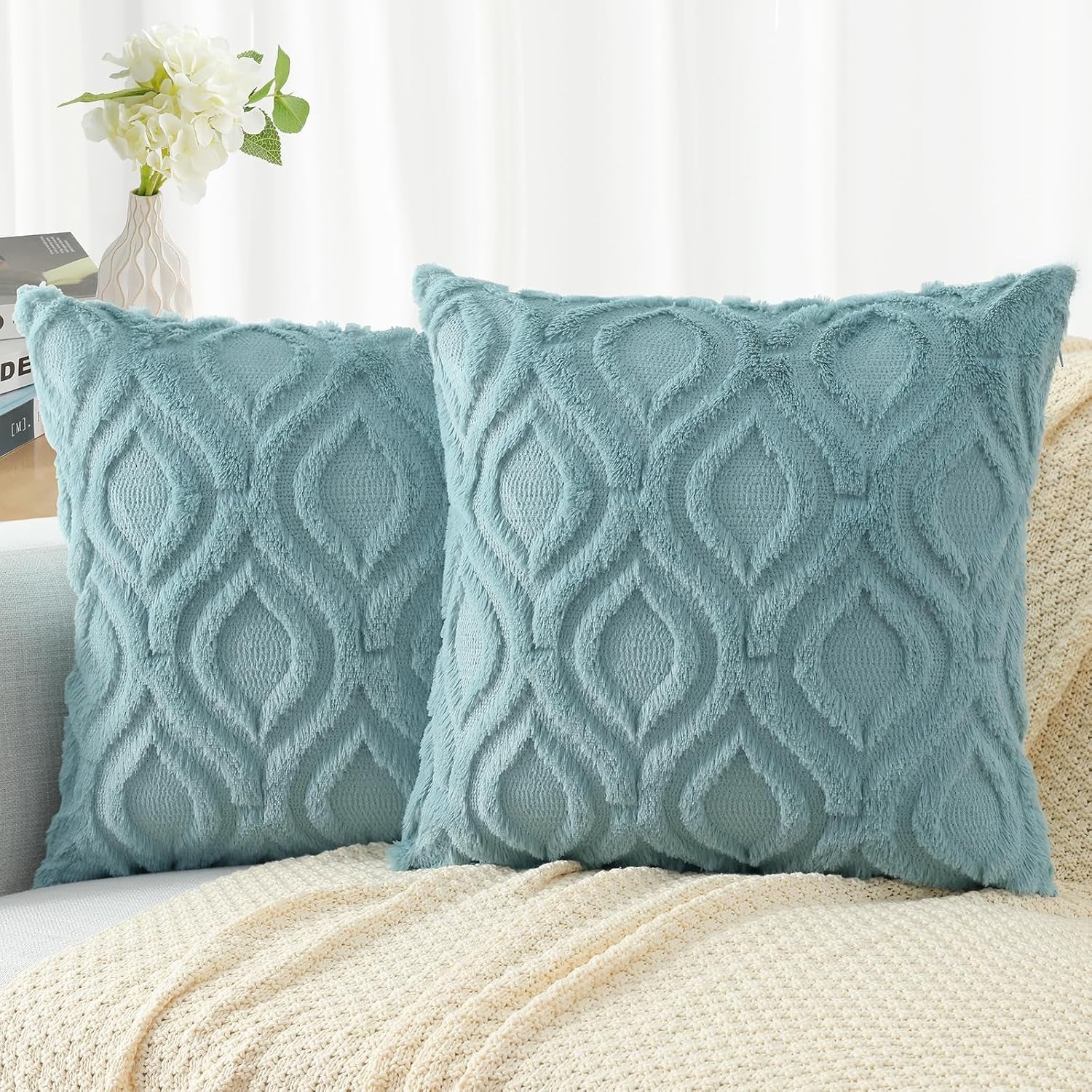 Decorative Throw Pillow Covers 18X18 Set of 2, Soft Plush Faux Wool Couch Pillow Covers for Home, Aqua