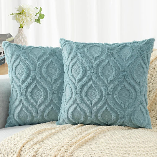 Decorative Throw Pillow Covers 18X18 Set of 2, Soft Plush Faux Wool Couch Pillow Covers for Home, Aqua