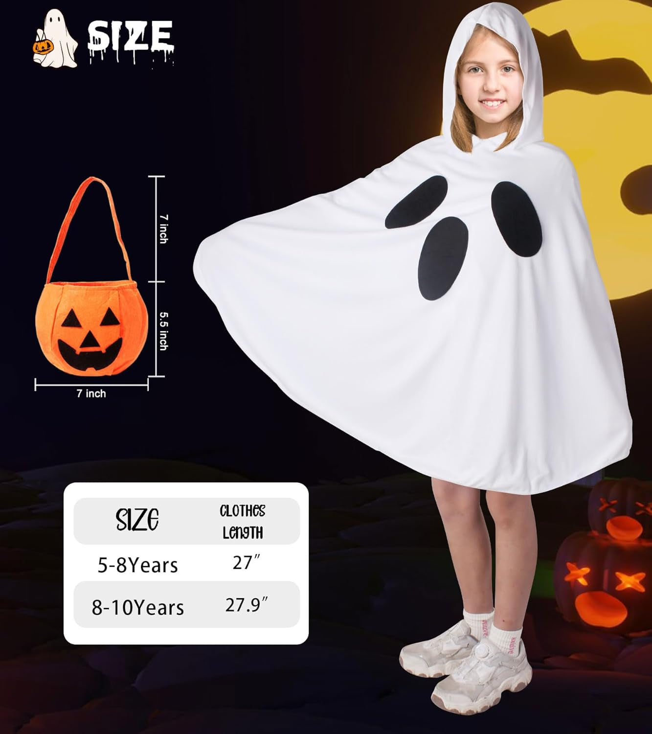 Ghost Costume for Kids,White Ghost Poncho Hooded Cape with Pumpkin Bag,Spooky Halloween Costume for Girls