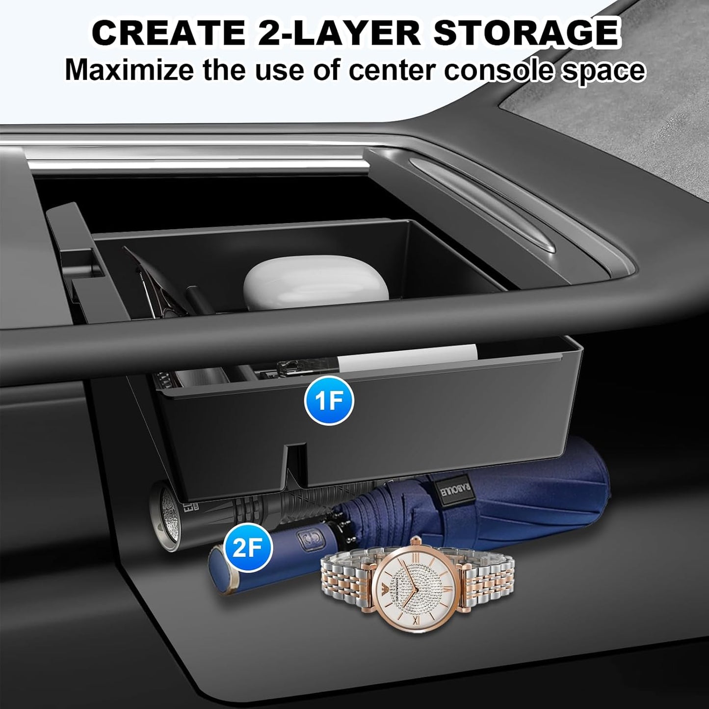 5PCS Upgraded Center Console Organizer for Tesla Model 3 Highland 2024 Accessories [Smooth Sliding] Armrest Organizer Tray Push Button Hidden Storage Box Cup Holder Webcam Cover, Black