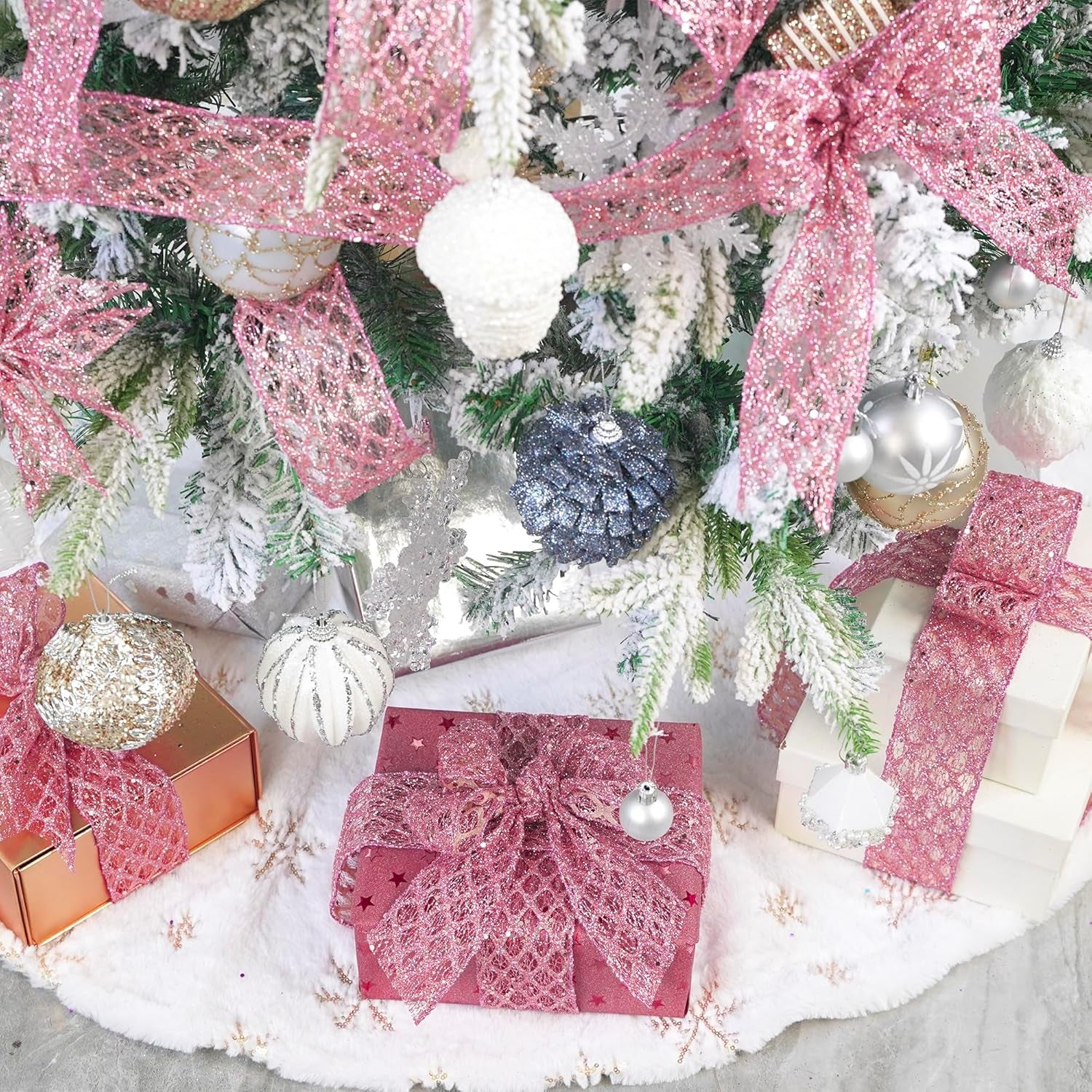 Pink Wired Ribbon 2.5 Inch Light Pink Christmas Ribbon Glitter Diamond Wire Ribbon for Christmas Tree, Large Bows Making, Wreaths, Garland, Gift Wrapping, Home Decor -10 Yards