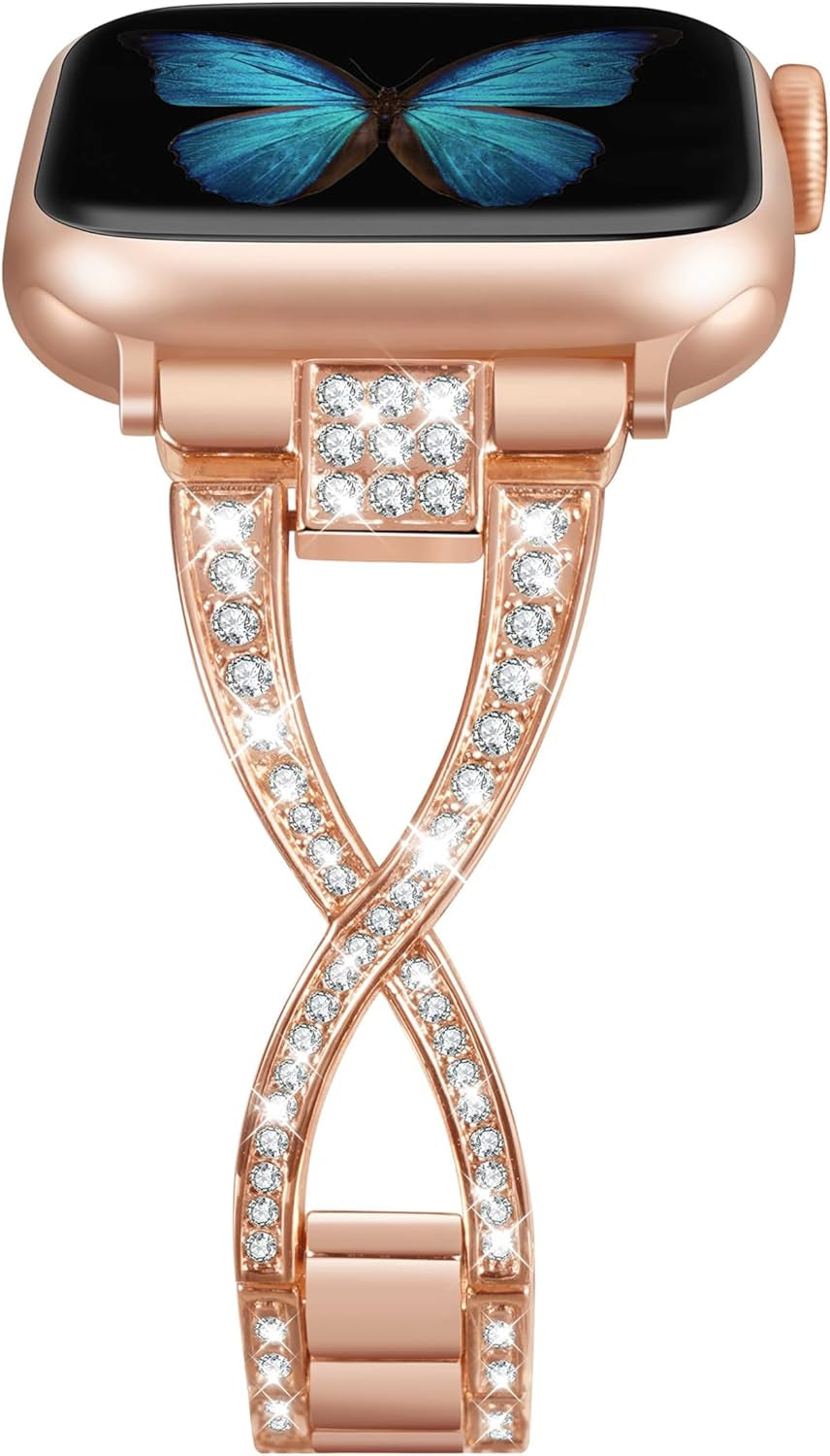 Bands for Apple Watch 38Mm 40Mm 41Mm Women Series 9 8 7 6 5 4 SE Iwatch Band Bling Metal Bracelet Fancy Cute Dressy Strap Rose Gold