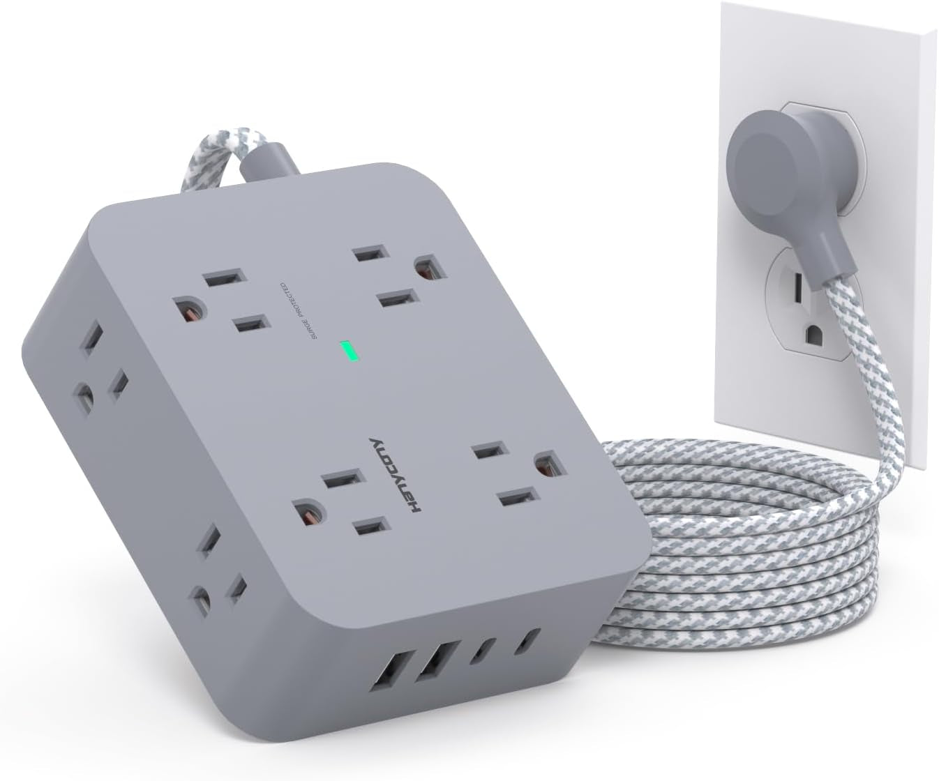 Surge Protector Power Strip - 8 Outlets with 4 USB (2 USB C) Charging Ports, Multi Plug Outlet Extender, 5Ft Braided Extension Cord, Flat Plug Wall Mount Desk USB Charging Station for Home Office ETL