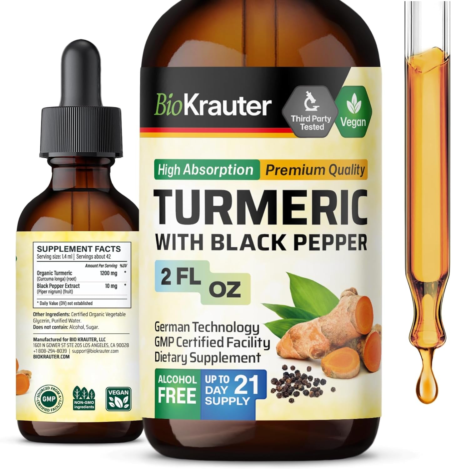 Turmeric Supplement Tincture - 1200 Mg Turmeric Curcumin with Black Pepper Extract - Alcohol and Sugar Free - Vegan Drops 4 Fl.Oz. TLBH