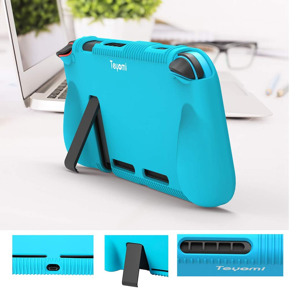 Protective Silicone Case for Nintendo Switch, Grip Cover with Tempered Glass Screen Protector, 2 Storage Slots for Game Cards, Shock-Absorption & Anti-Scratch (Blue)