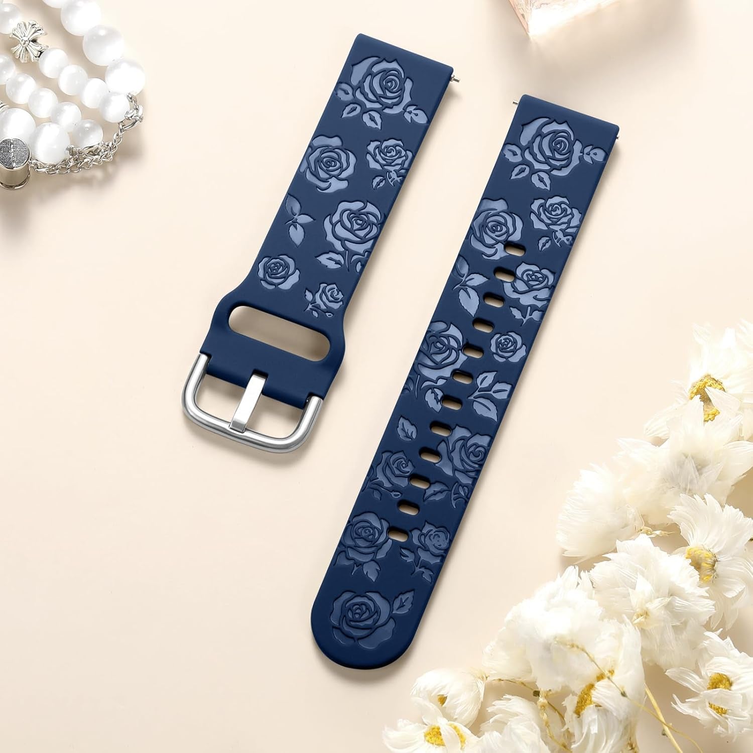 Sport Silicone Band for Samsung Watch 6 Bands 44Mm 40Mm, Galaxy Watch 4 5 Band/Galaxy Watch 5 Pro/Galaxy Watch 4 6 Classic Band, 20Mm Glossy Floral Engraved Band for Galaxy Watch 7, Deep Blue