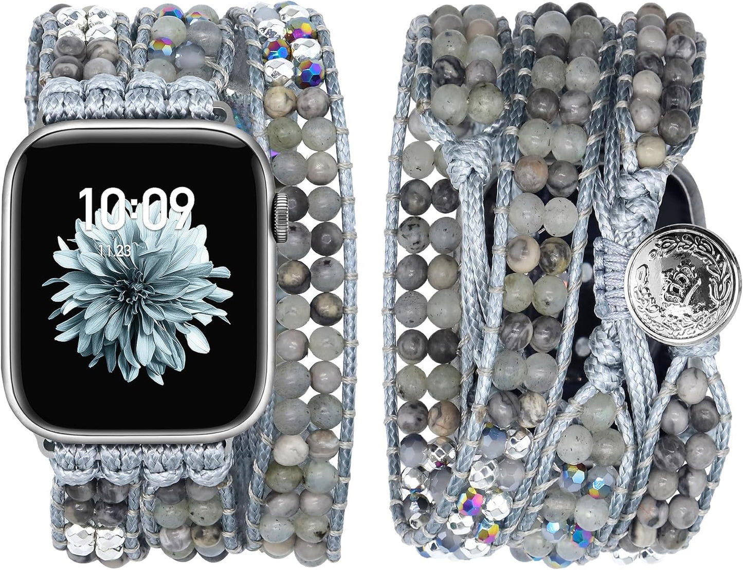 Boho Beaded Watch Band Women Compatible with Apple Watch 42Mm 44Mm 45Mm 46Mm 49Mm Grey Bead Stone Bracelet Adjustable Handmade Braided Strap for Iwatch Series 10/9/8/7/6/5/4/3/2/1/Se/Ultra 1 2