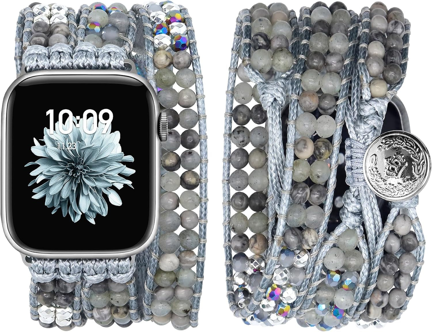 Boho Beaded Watch Band Women Compatible with Apple Watch 42Mm 44Mm 45Mm 46Mm 49Mm Grey Bead Stone Bracelet Adjustable Handmade Braided Strap for Iwatch Series 10/9/8/7/6/5/4/3/2/1/Se/Ultra 1 2