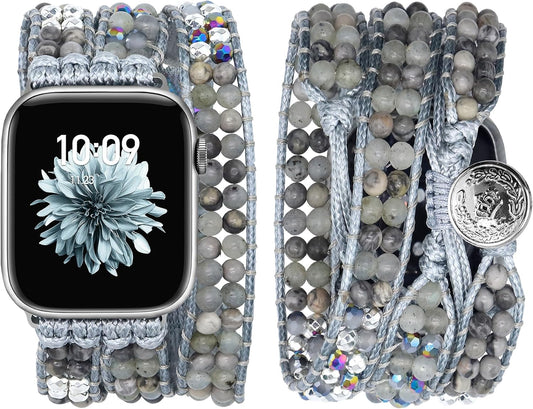 Boho Beaded Watch Band Women Compatible with Apple Watch 42Mm 44Mm 45Mm 46Mm 49Mm Grey Bead Stone Bracelet Adjustable Handmade Braided Strap for Iwatch Series 10/9/8/7/6/5/4/3/2/1/Se/Ultra 1 2