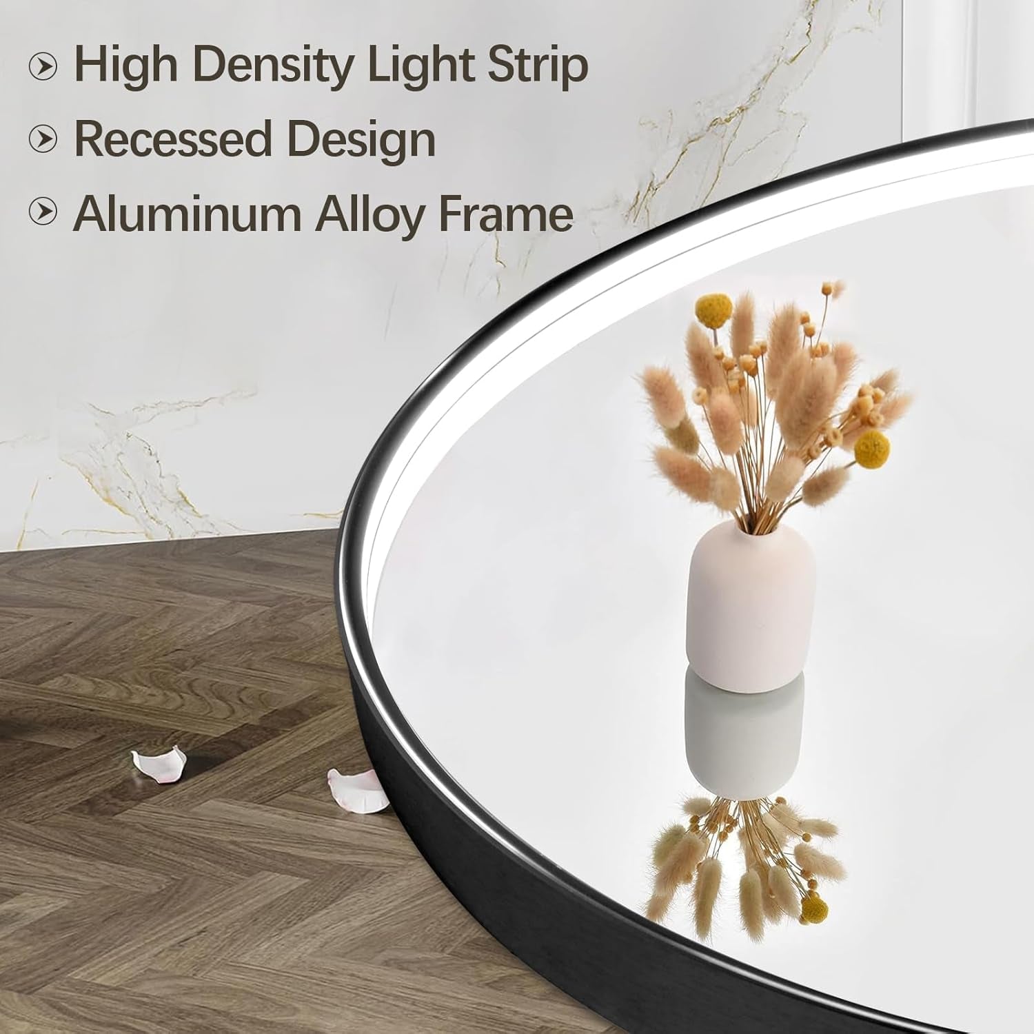 24 Inch round LED Bathroom Mirror, Circle Frame Recessed Light Strip Design Modern Vanity Mirror, Anti-Fog Smart Mirror with Stepless Color Temperature Adjustable 3000-6000K, Black
