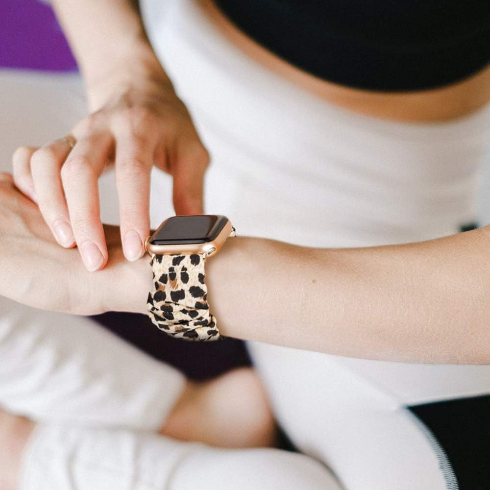 Compatible with Apple Watch Band 38Mm 40Mm 42Mm 44Mm Soft Floral Fabric Elastic Scrunchies Iwatch Bands for Apple Watch Series 6,SE,5,4,3,2,1 38Mm/40Mm Leopard L