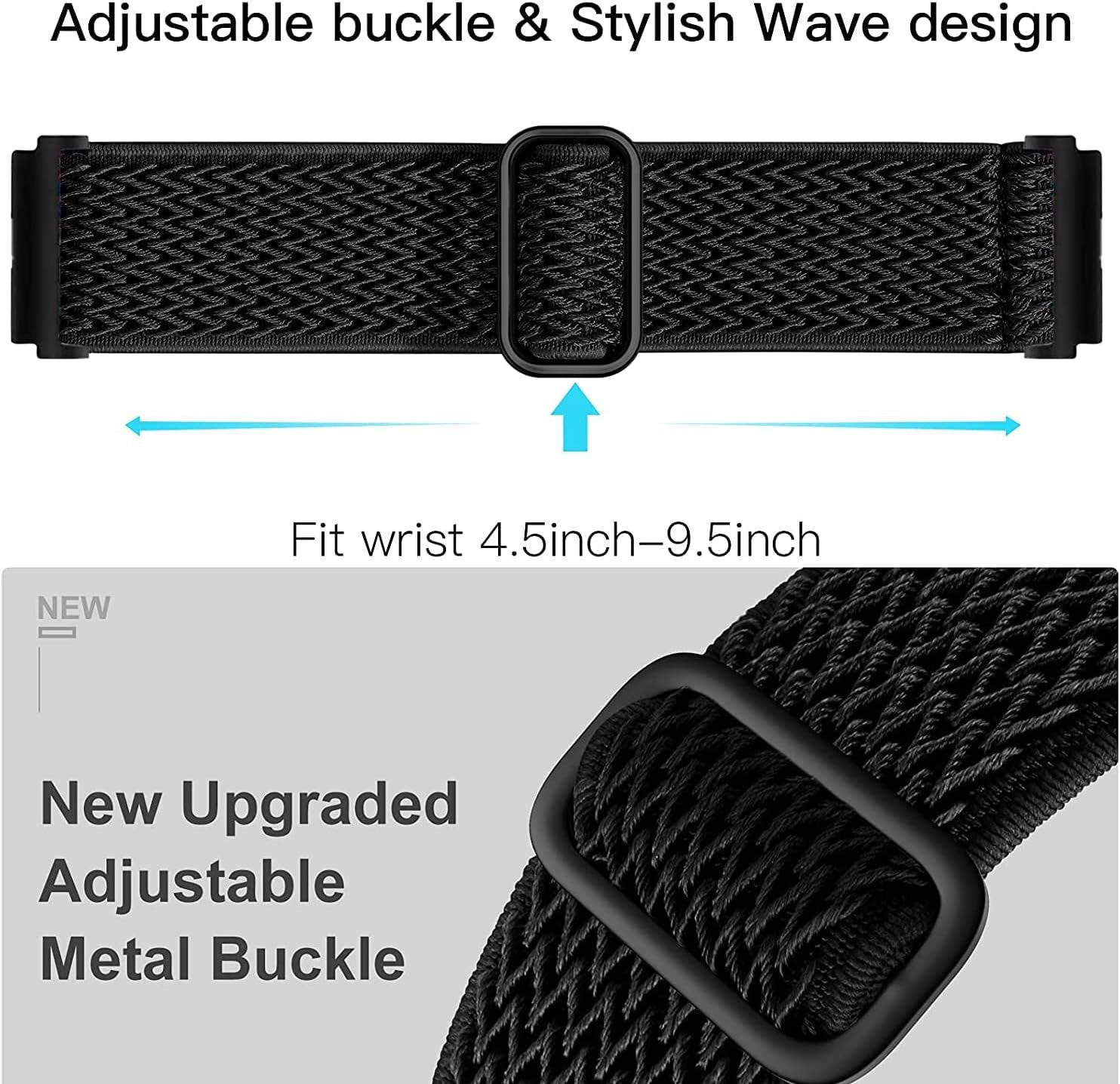 Elastic Bands for Galaxy Watch 6/5/4 Bands 44Mm 40Mm/5 Pro Band 45Mm, Samsung Galaxy Watch 6/4 Classic Band 43Mm 42Mm 46Mm 47Mm/Active 2 Women Men, 20Mm Stretch Nylon Strap, Wave Black+Green