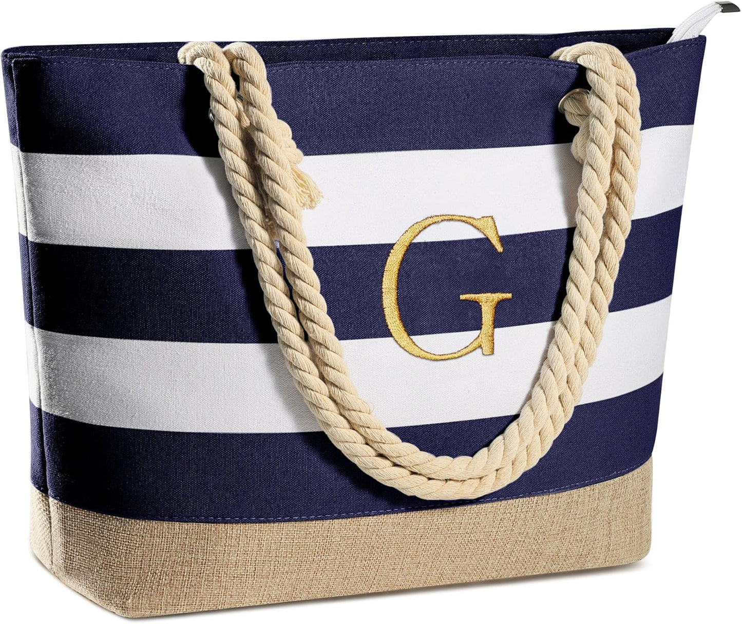 Initial Canvas Waterproof Beach Tote Bag Zipper Personalized Gifts for Women Her Birthday Travel Beach Essential