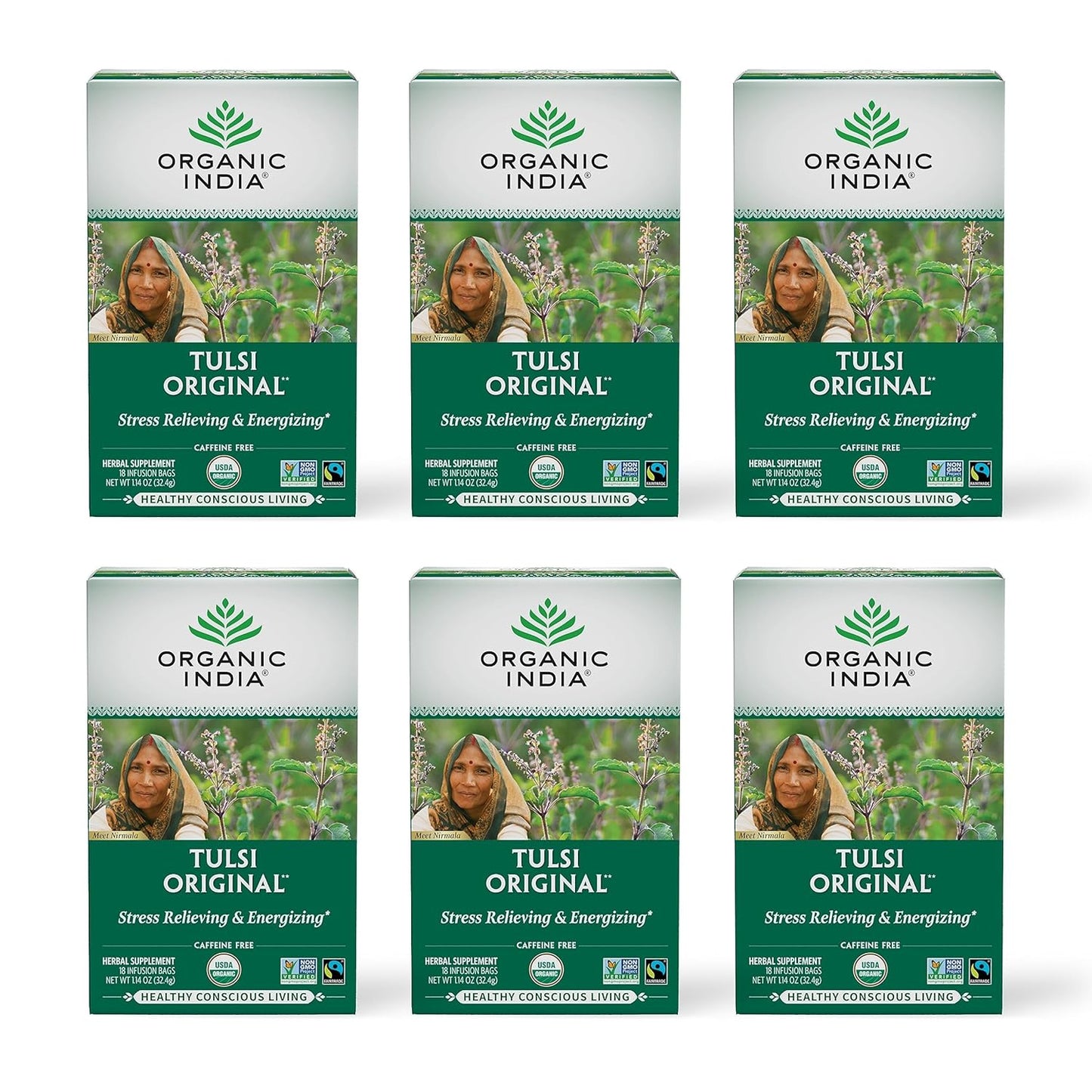 Tulsi Original Herbal Tea - Holy Basil and African Basil Calming and Stress Relief Tea, Immune Support, USDA Certified Organic, Non-Gmo, Caffeine-Free - 18 Infusion Bags, 6 Pack TLBH
