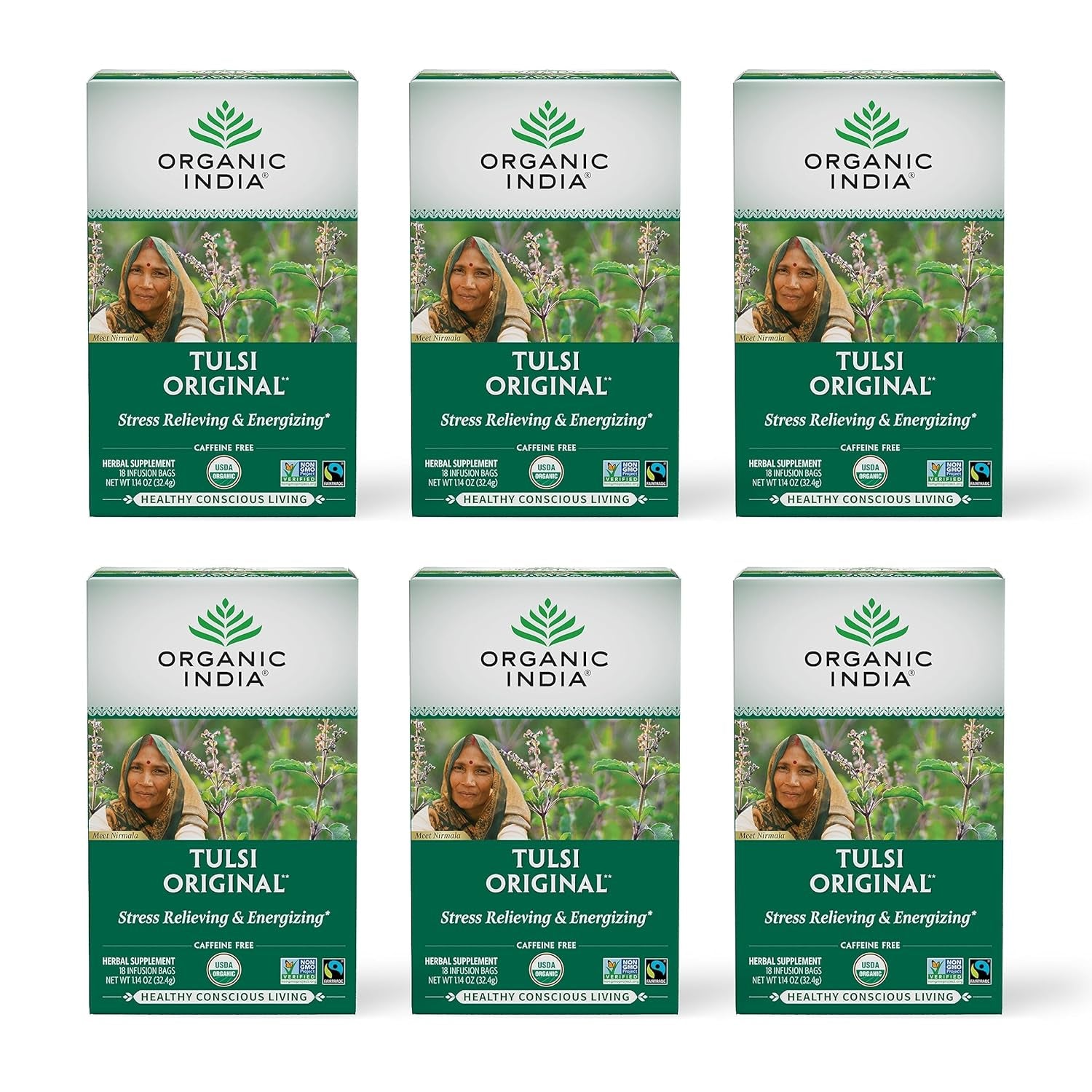 Tulsi Original Herbal Tea - Holy Basil and African Basil Calming and Stress Relief Tea, Immune Support, USDA Certified Organic, Non-Gmo, Caffeine-Free - 18 Infusion Bags, 6 Pack TLBH