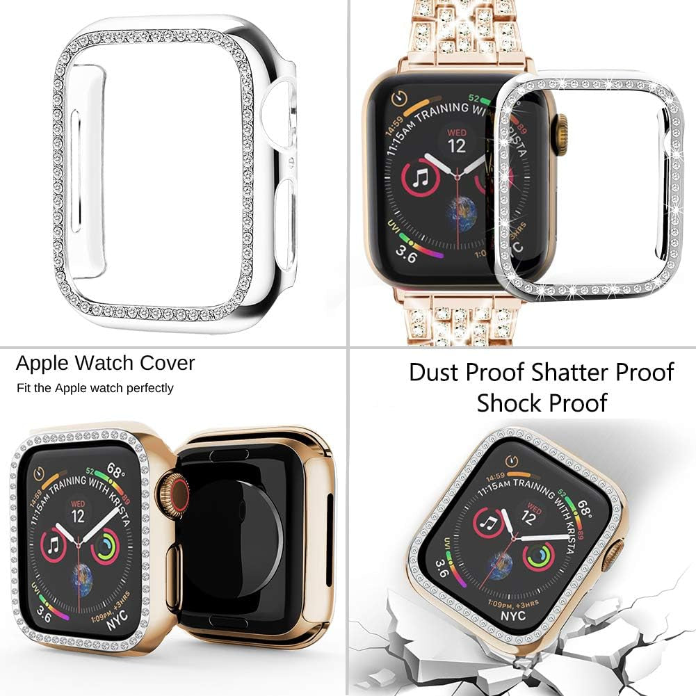 Compatible with Apple Watch Band 38Mm 40Mm 41Mm 42Mm 44Mm 45Mm 49Mm+ Case, Women Jewelry Bling Diamond Rhinestone Replacement Metal Strap& 2 Pack PC Protector Case for Iwatch Ultra 2/ Ultra Series 9/8/7/6/5/4/3/2/1/SE