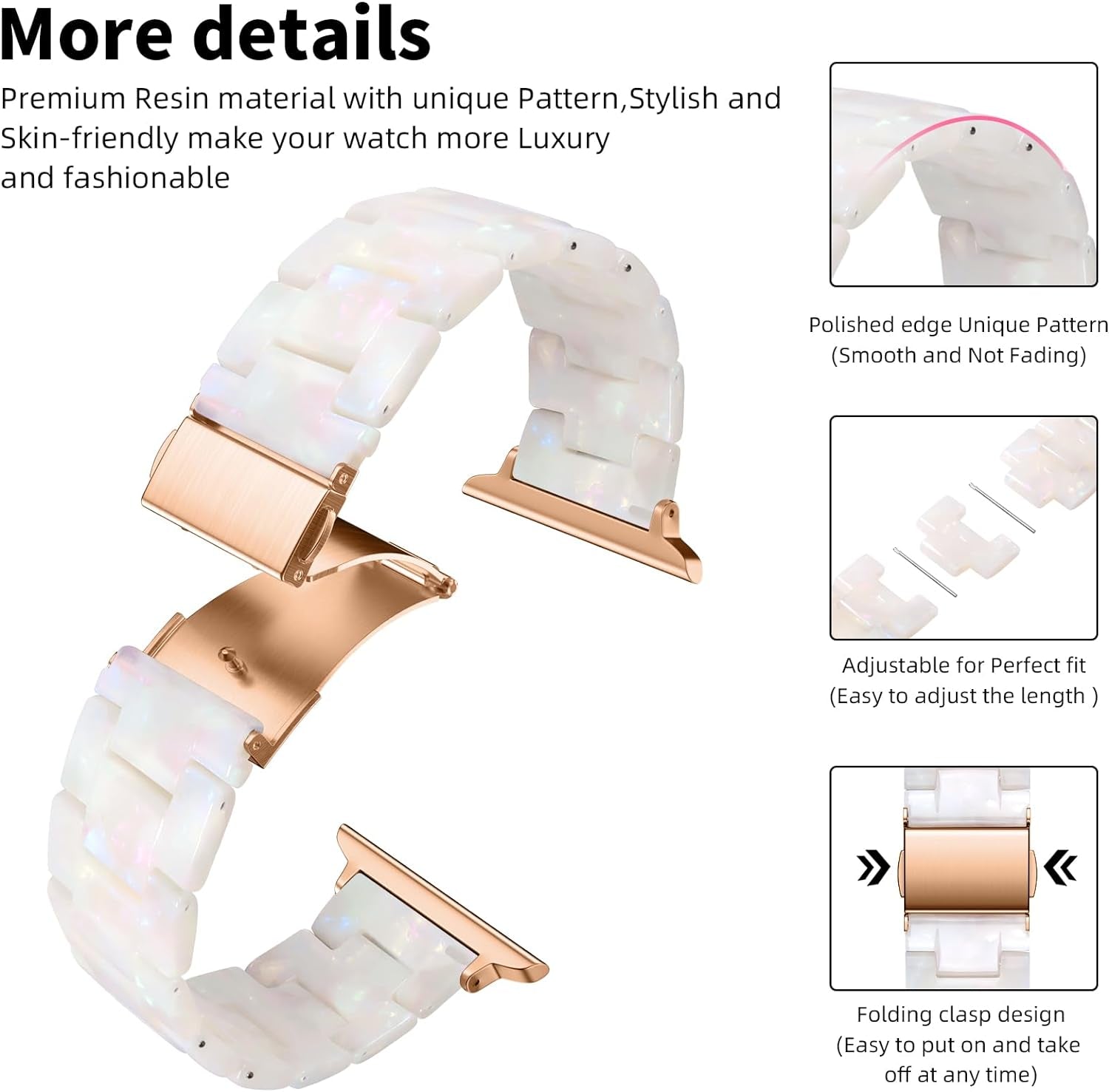 Resin Strap Compatible with Apple Watch Band 40Mm 38Mm 41Mm Series 9/8/7/6/5/4/3/2/1/SE Women Men, Lightweight and Durable Iwatch Stylish Bracelet Replacement Bands with Rose Gold Stainless Steel