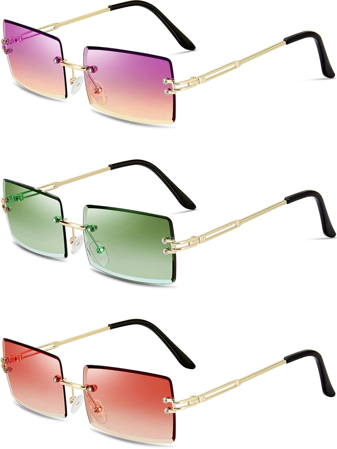 3 Pairs Rimless Rectangle Sunglasses Tinted Frameless Eyewear Vintage Transparent Rectangle Y2K Glasses for Women Men