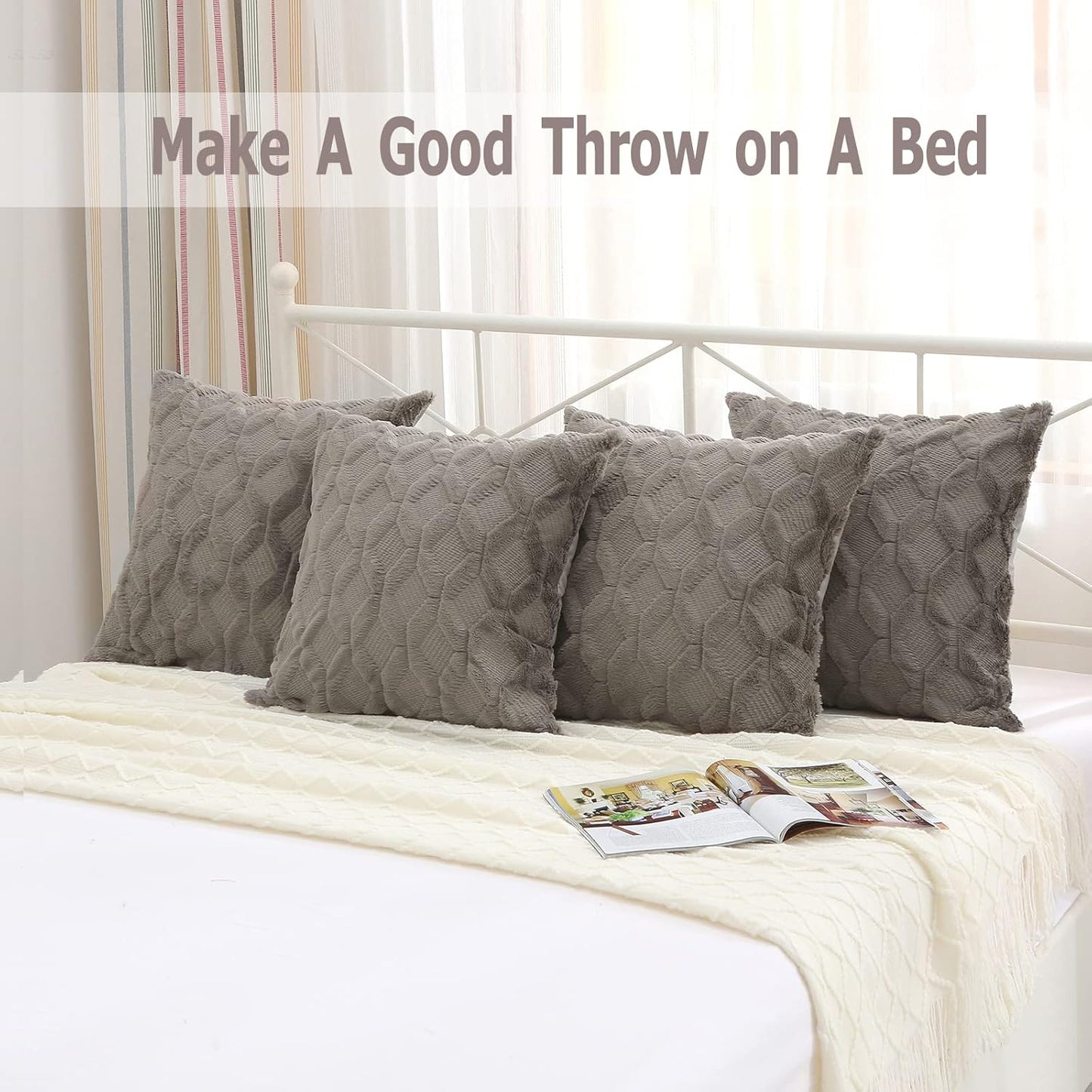 Pack of 2 Faux Wool Throw Pillow Covers 20X20 Inches Decorative Farmhouse Velvet Couch Pillow Case Soft Plush Square Boho Cushion Pillowcase, Dark Grey