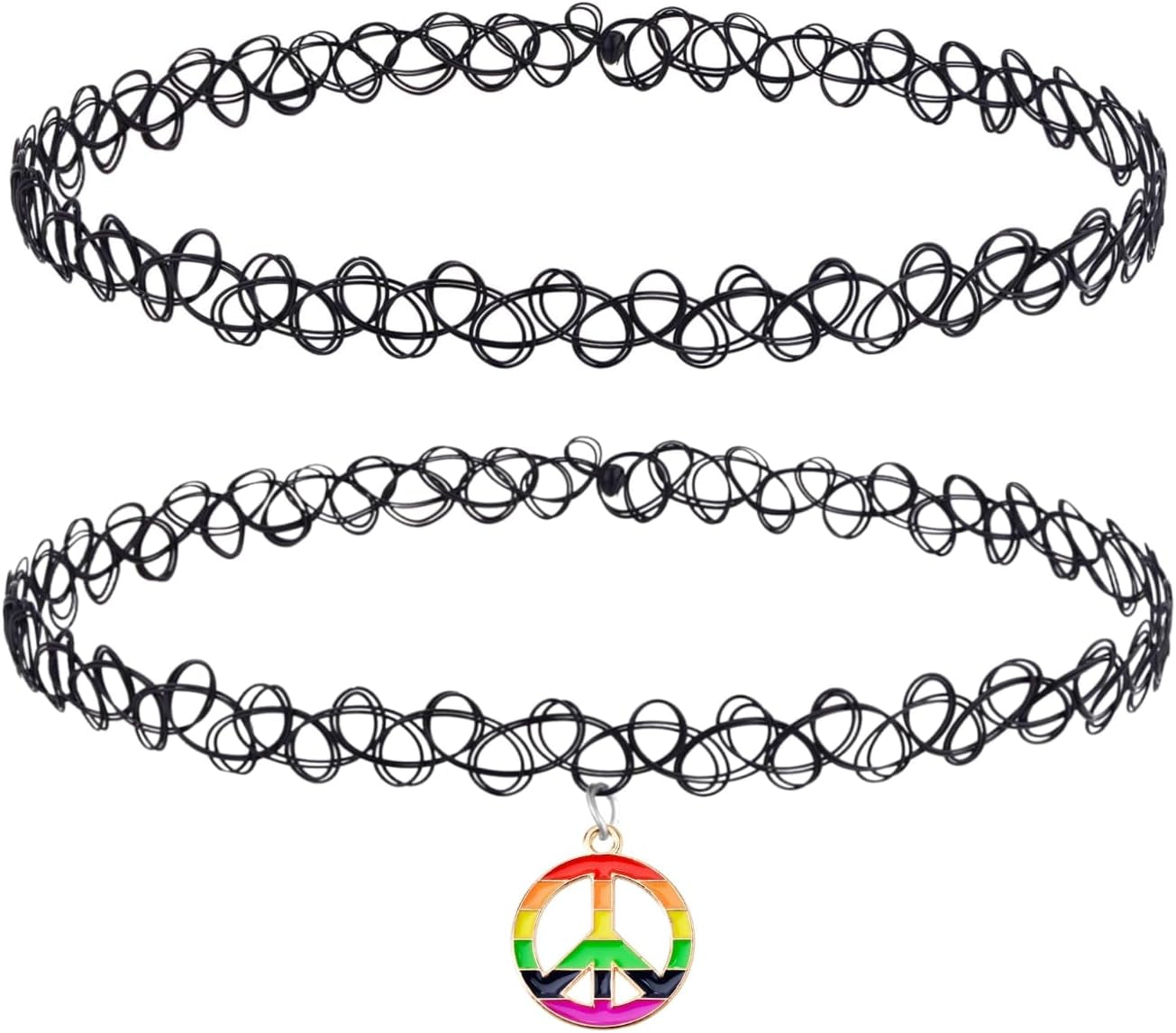 2PC Tattoo Choker Necklace - 90S Choker Necklace Women - 2000S Y2K Black Chokers Rainbow Choker - Butterfly Ying Yang Unicorn Rainbow Charms - Stretchy Elastic Necklace