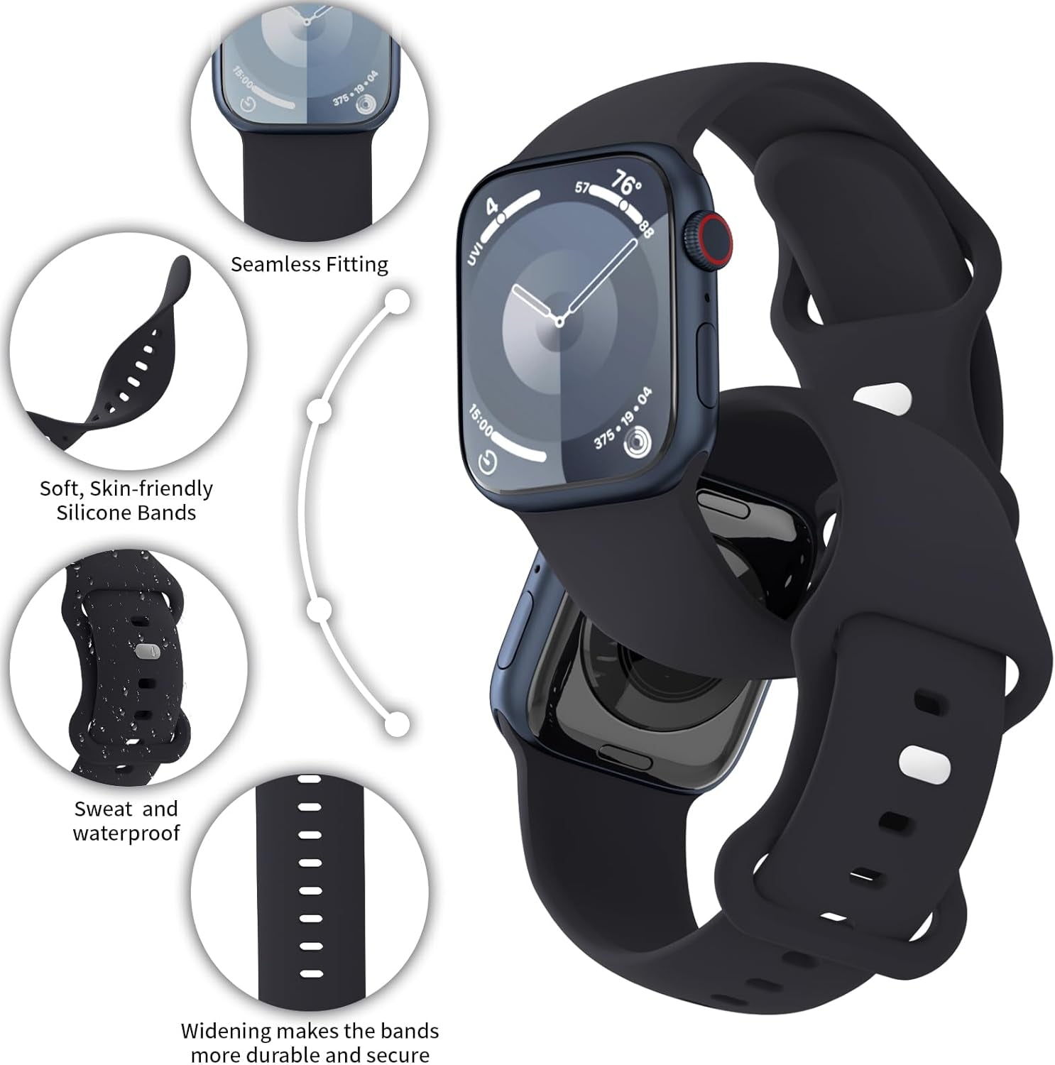 Extra Widened Silicone Bands Compatible with Apple Watch 38Mm 40Mm 41Mm 42Mm 44Mm 45Mm 49Mm, Replacement Soft Sport Strap Wristbands for Iwatch Series 9/8/7/6/5/4/3/2/1 Ultra SE Women Men, Midnght