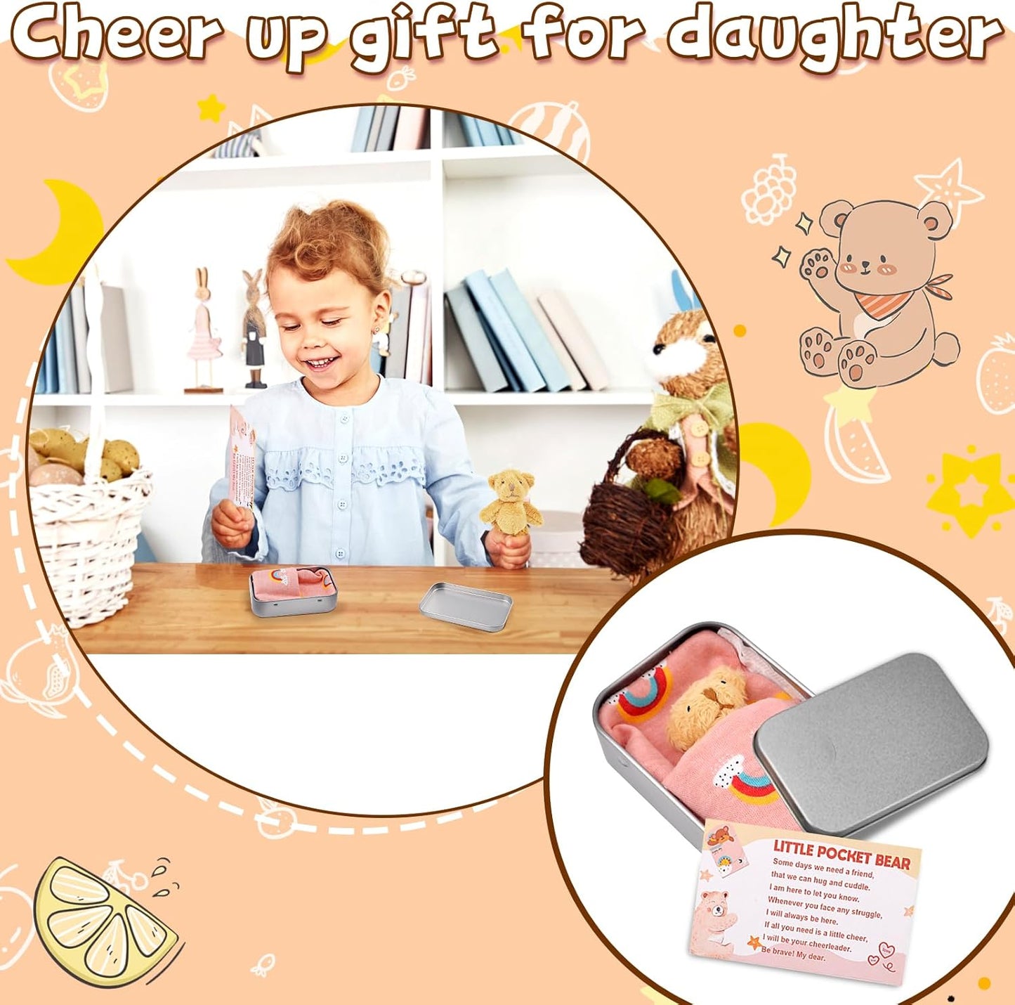 Pocket Bear in Tin Box, Pocket Hug Plush Toys, Stuffed Animad Bear Doll, Little Brown Bear, Good Luck Gifts, First Day at School Gift, Inspirational Positive Ornaments Gift for Kids Friend UK