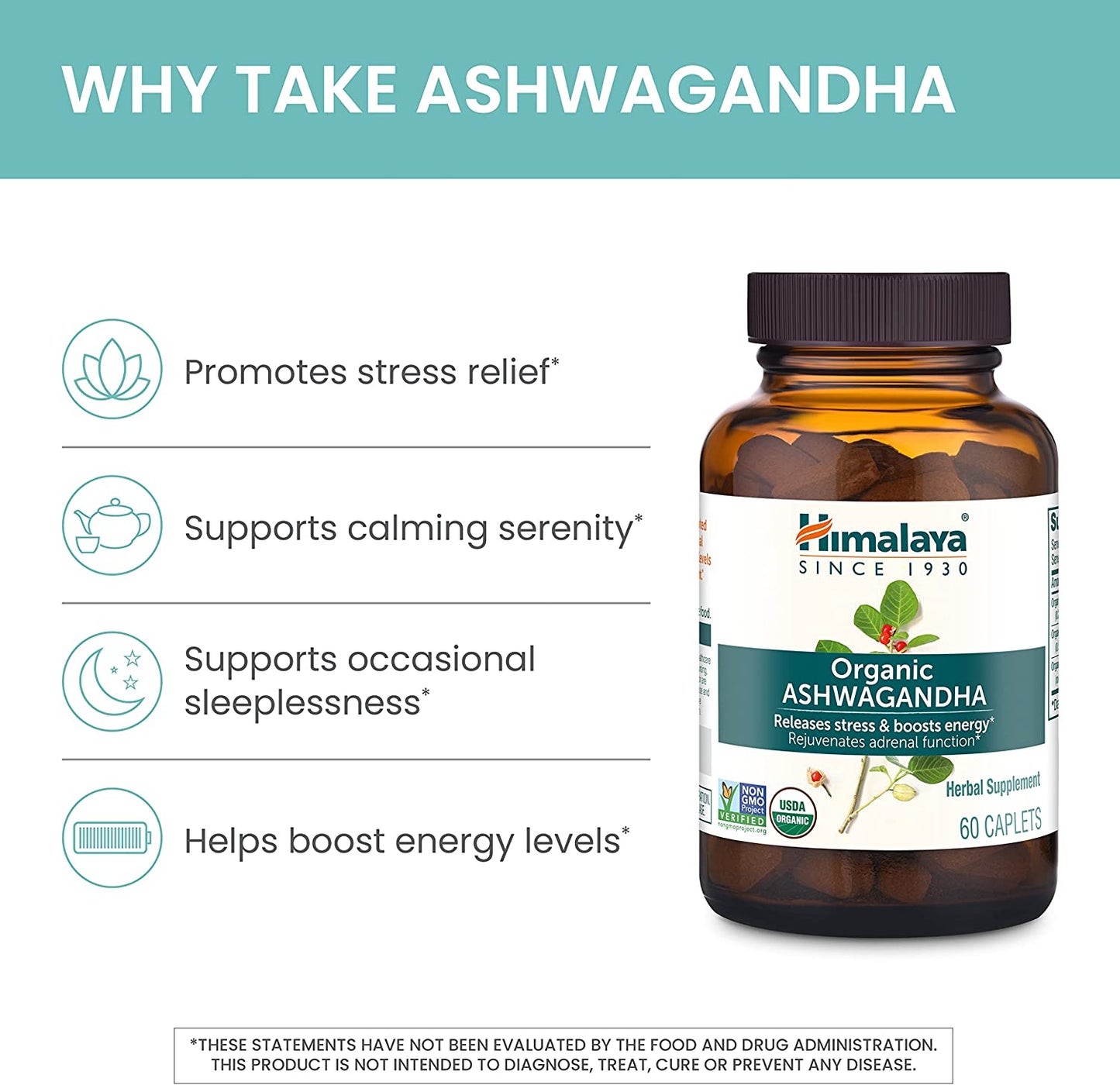 Organic Ashwagandha, 60 Day Supply, Herbal Supplement for Stress Relief, Energy Support, Occasional Sleeplessness, Organic, Non-Gmo, Vegan, Gluten Free, 670 Mg, 60 Caplets TLBH