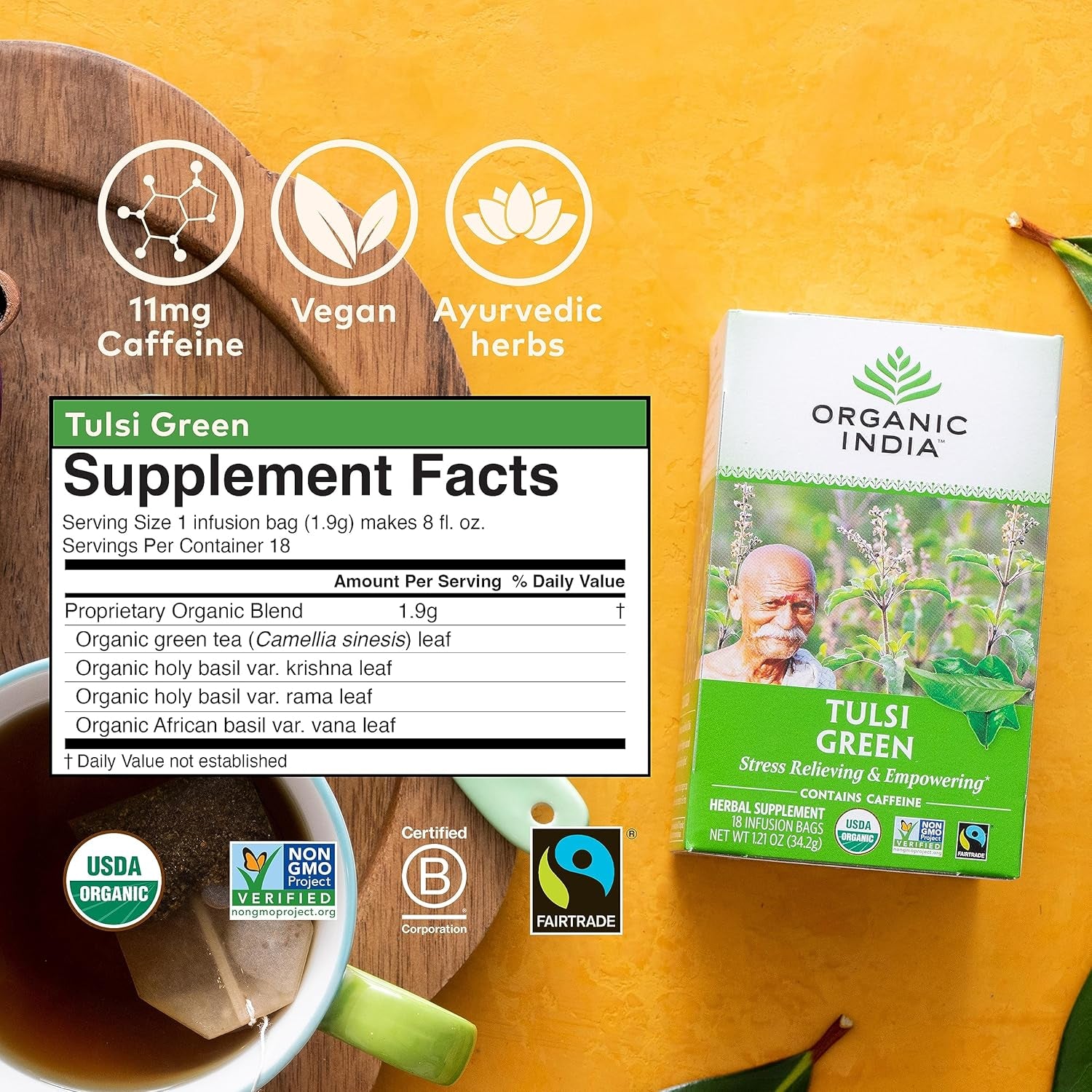 Tulsi Green Tea Bags - Holy Basil Tea, African Basil, Stress Relieving, Immune Support, USDA Certified Organic, Premium Darjeeling Green Tea, Caffeinated - 18 Infusion Bags, 1 Pack TLBH