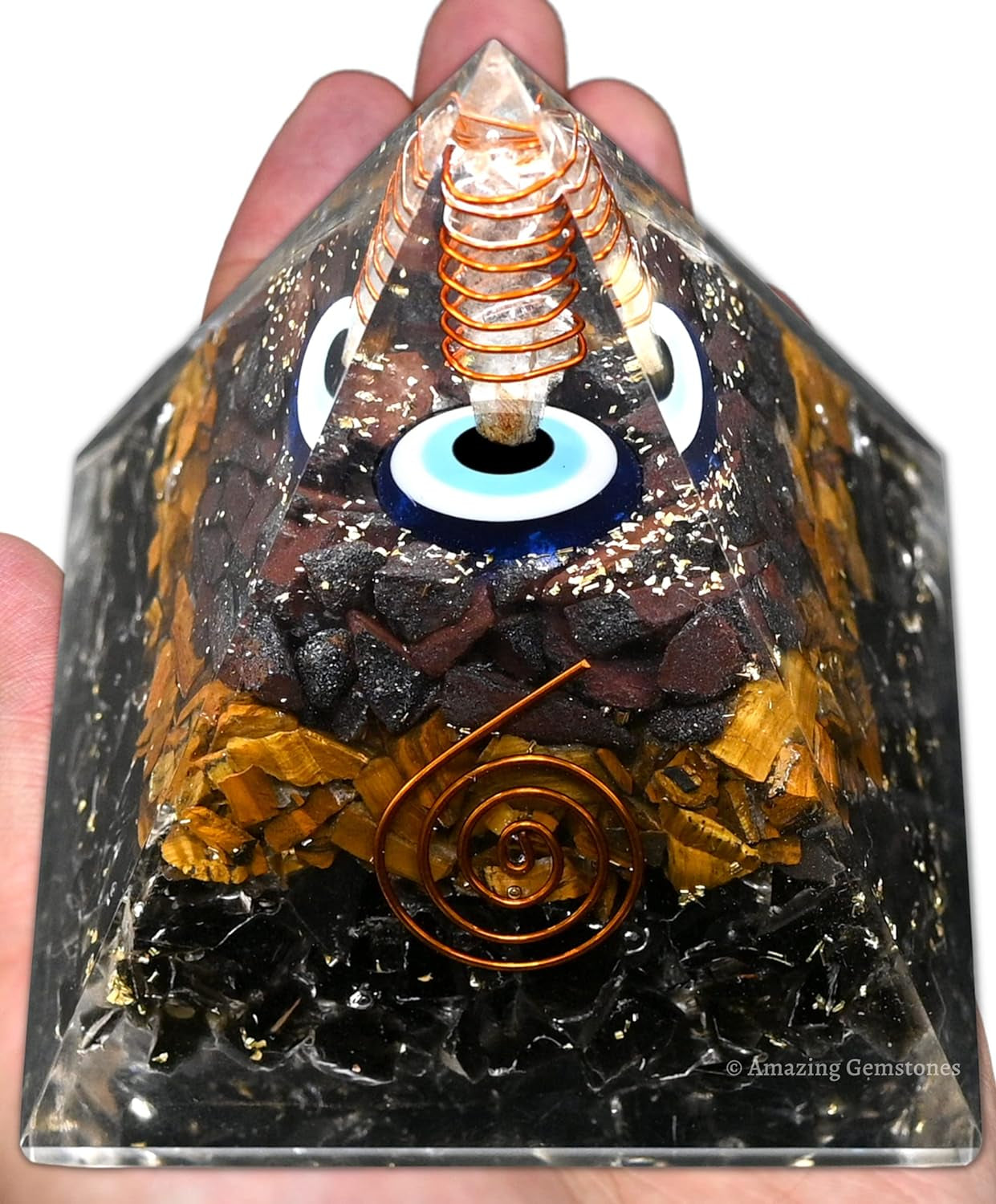 Organite Orgone Pyramid Extra Large 95 MM - Orgone Energy Pyramid with Evil Eye, Hematite, Tiger Eye, Black Obsidian Crystals and Healing Stone - Orgonite Pyramids Crystals and Positive Energy