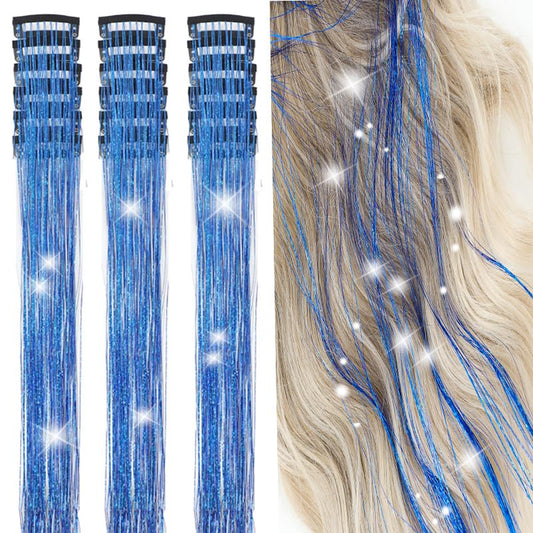 Hair Tinsel Kit Pack of 18 Pcs Hair Tinsel Clip in 19.6Inch Glitter Tinsel Hair Extensions Heat Resistant Clip in Hair Tinsel Sparkle Fairy Hair Accessories for Kids Girls Women (Blue)