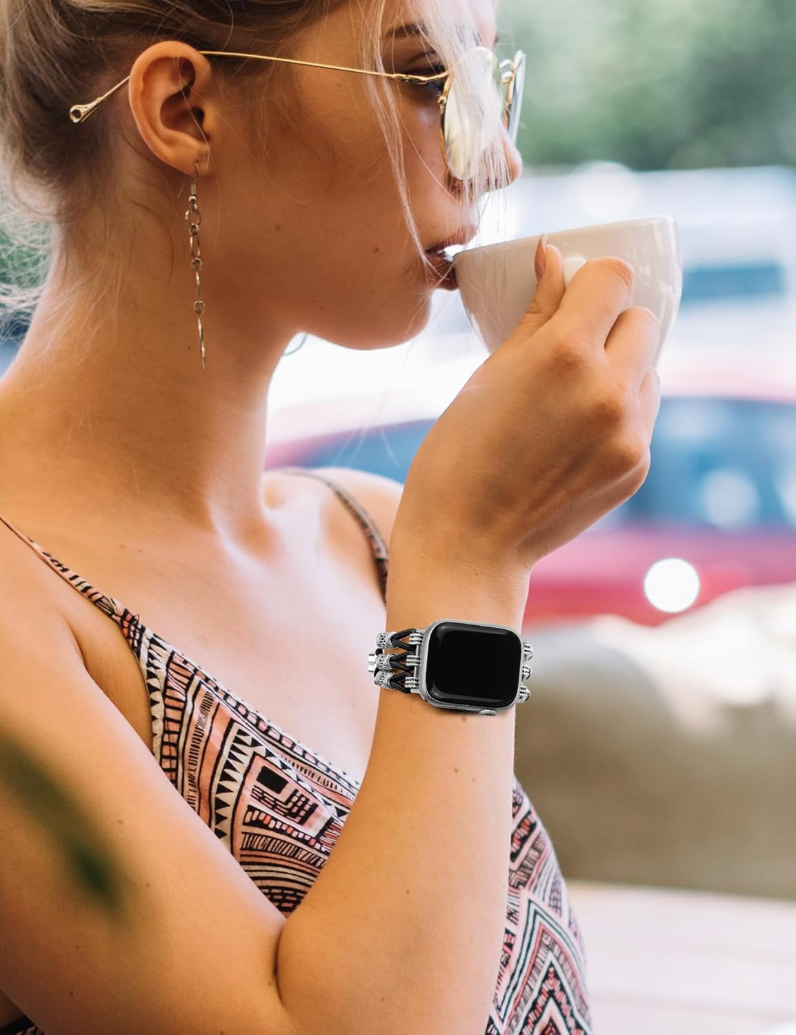 Beaded Bracelet Compatible with Apple Watch Band 40Mm 41Mm 38Mm 44Mm 42Mm 45Mm Women, Boho Braided Solo Loop Nylon Strap Stretchy Dressy Band Replacement for Iwatch Series 9/8/SE/7/6/5/4/3