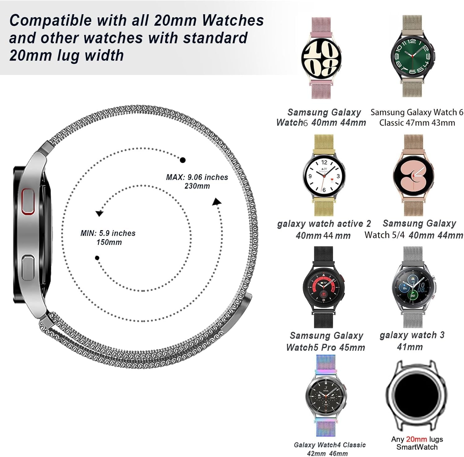 Milanese for Samsung Galaxy Watch 7/6/5/4/FE Band 40Mm 44Mm/Galaxy Watch 6 Classic 47Mm 43Mm/4 Classic 46Mm 42Mm,20Mm Watch Band Magnetic Mesh Metal Strap for Amazfit Bip U Pro/Gts/Active 2