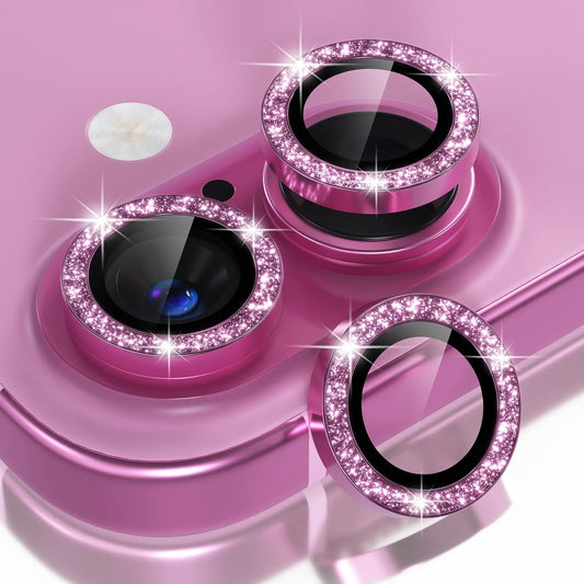 Compatible for Iphone 16 /Iphone 16 plus Camera Lens Protector Bling, 9H Tempered Glass Camera Cover Screen Protector Metal Ring Decoration Accessories(Glitter-Pink)