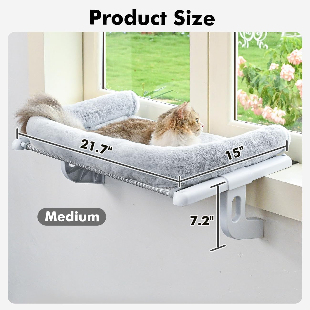 Cat Window Sill Perch with Large Bolster, Easy to Adjust & Assemble Cat Window Seat for Windowsill & Bedside, Cat Hammock Bed for Large Cats and Kittens (Grey, M)
