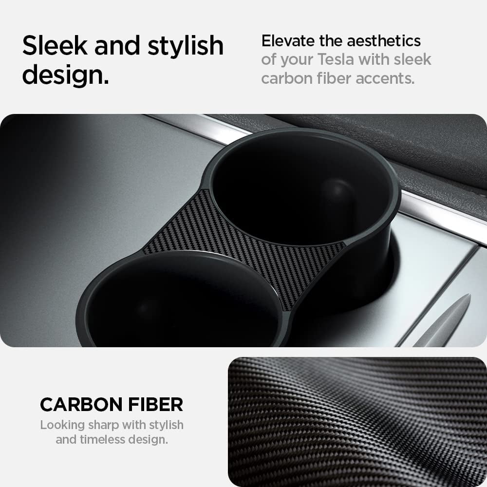 Center Console Cup Holder Insert (Up to 20 Oz Venti Cups) Designed for Tesla Model 3 and Y with Flushed-Fit [Carbon Edition] 2023/2022