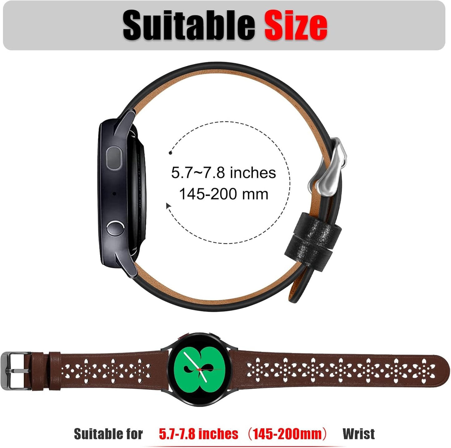 20Mm Leather Bands for Samsung Galaxy Watch 6/5/4 40Mm 44Mm/Watch 5 Pro 45Mm/Watch 4 Classic 42Mm 46Mm, Floral Breathable Hollow Replacement Wristbands for Women Men，1 Pack