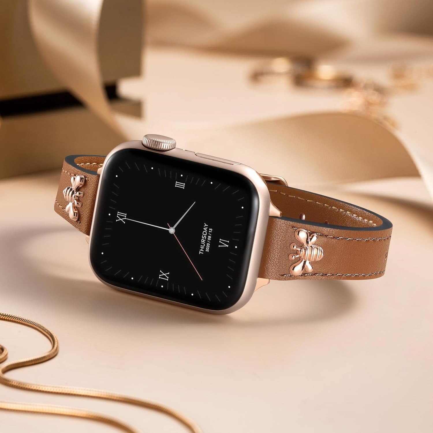 Slim Leather Band Compatible with Apple Watch Bands for Women 40Mm 41Mm 38Mm 42Mm 44Mm 45Mm, Top Grain Genuine Soft Leather Band with Charms for Iwatch Bands Women Series SE 9 8 7 6 5 4 3 2 1
