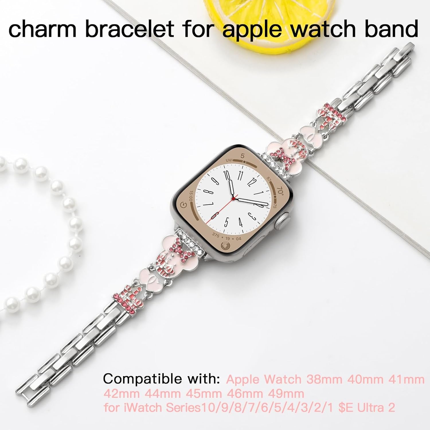 Bling Bracelet Band Compatible with Apple Watch Bands for Women 46Mm 40Mm 41Mm 38Mm 44Mm 45Mm 42Mm 49Mm, Cute Cartoon Dressy Jewelry Charm Metal Strap for Iwatch Ultra 2 Series 10/9/8/7/6/5/4/3/2/1/SE